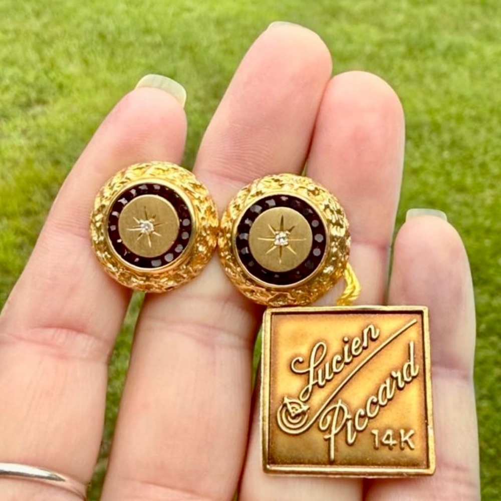 1970 Lucien Piccard 14K Yellow Gold Nugget Design Cuff Links Garnet Diamond, NOS